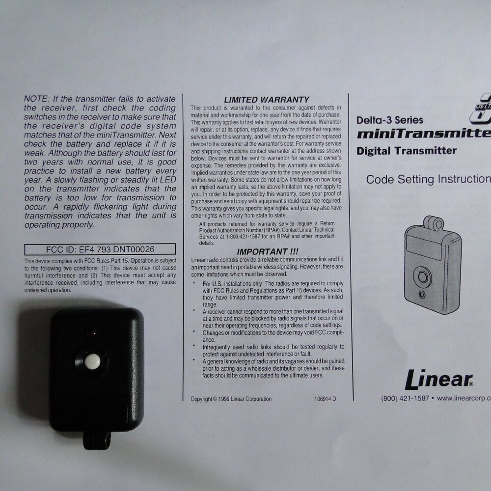 Linear DNT00026 / Minit-T 1-Channel Key Ring Transmitter, 310 MHZ, 8 Dip Switch